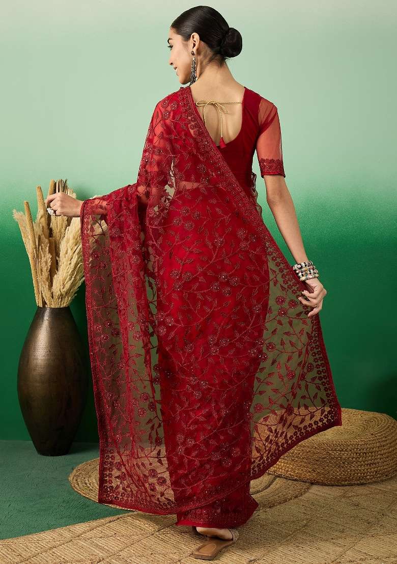 Maroon Embroidered Net Saree Set - Indya