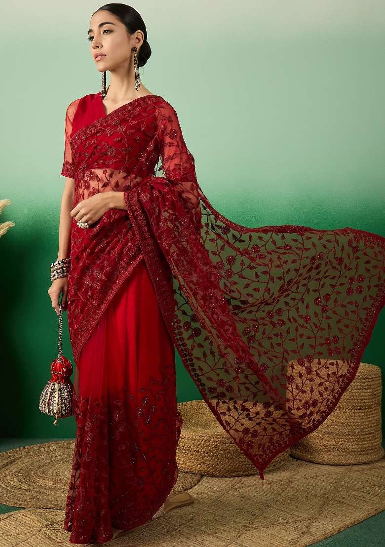 Maroon Embroidered Net Saree Set - Indya