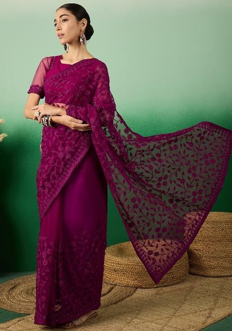 Purple Embroidered Net Saree Set