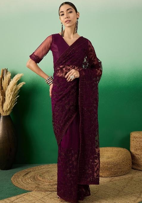 Wine Embroidered Net Saree Set