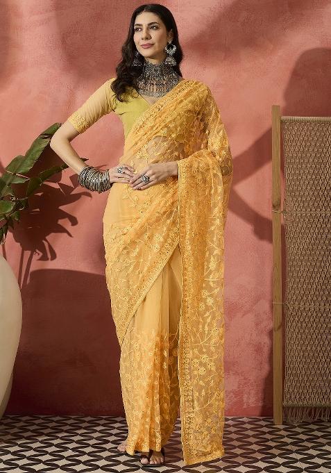 Yellow Embroidered Net Saree Set