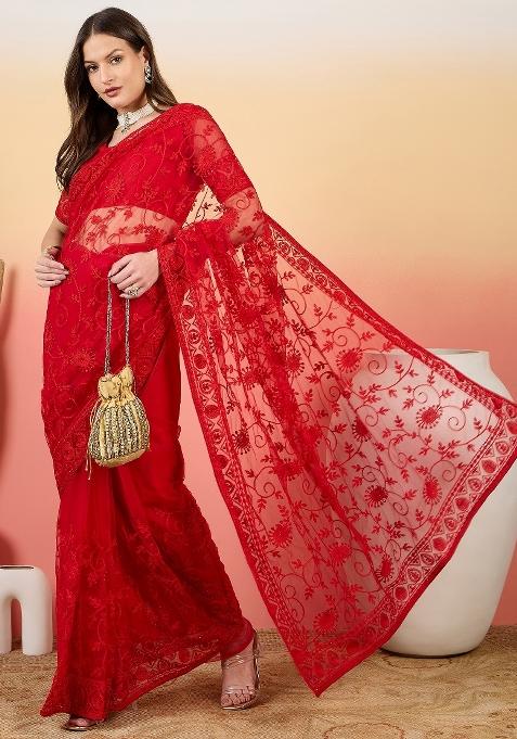 Red Embroidered Net Saree Set