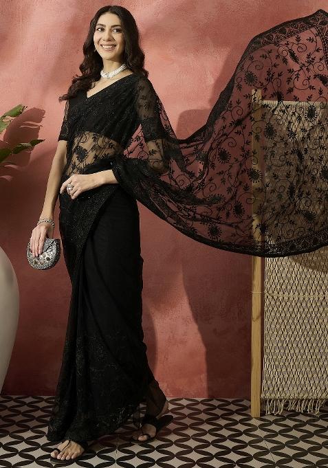 Black Embroidered Net Saree Set