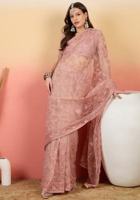 Dusty Pink Embroidered Net Saree Set