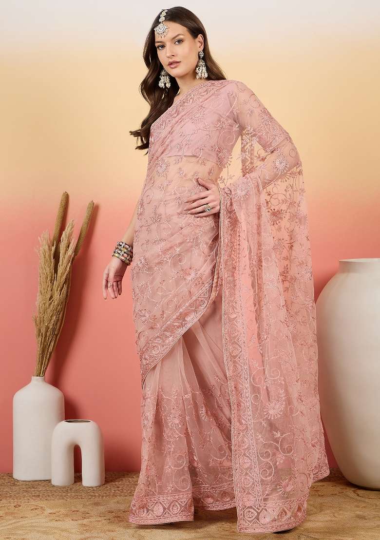 Dusty Pink Embroidered Net Saree Set - Indya