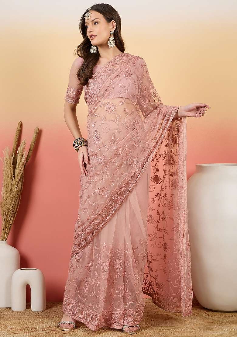 Dusty Pink Embroidered Net Saree Set - Indya