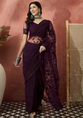 Burgundy Embroidered Net Saree Set