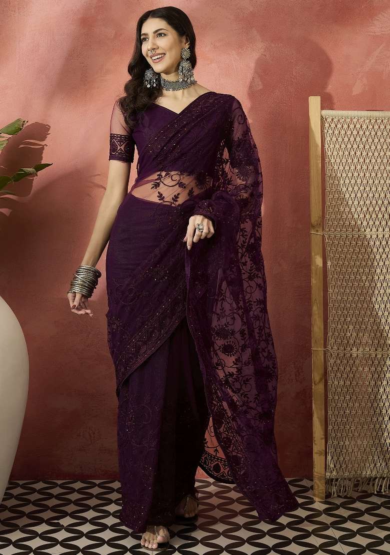 Burgundy Embroidered Net Saree Set - Indya