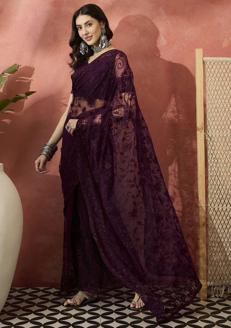 Burgundy Embroidered Net Saree Set - Indya