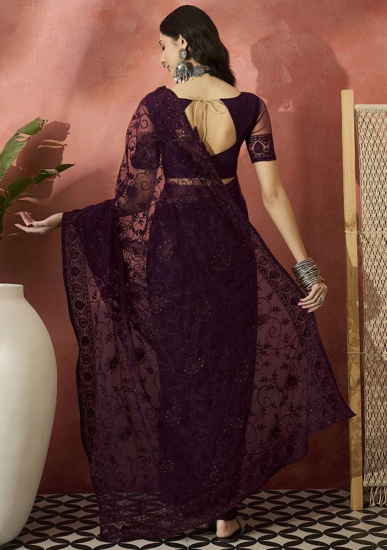 Burgundy Embroidered Net Saree Set - Indya