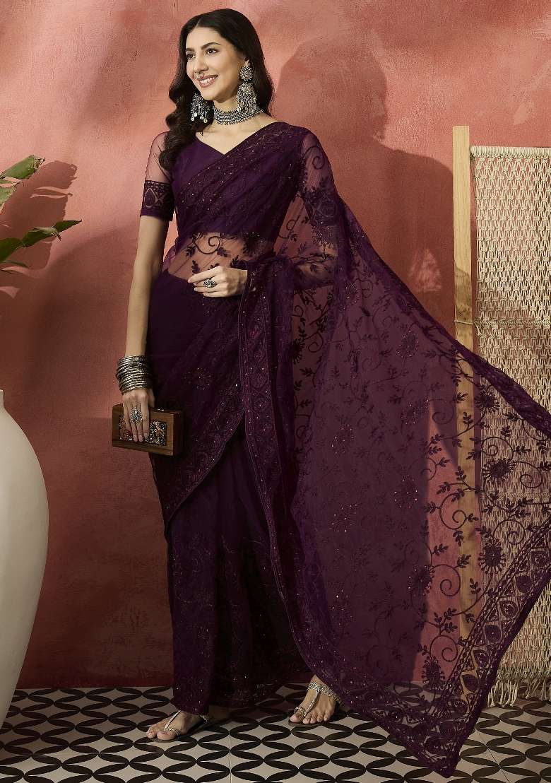 Burgundy Embroidered Net Saree Set - Indya