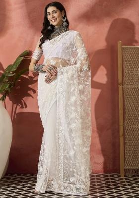 White Embroidered Net Saree Set