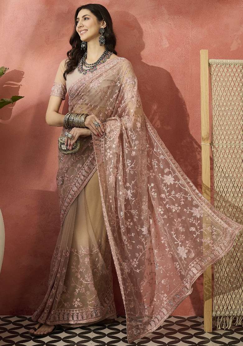 Dusty Pink Embroidered Net Saree Set - Indya