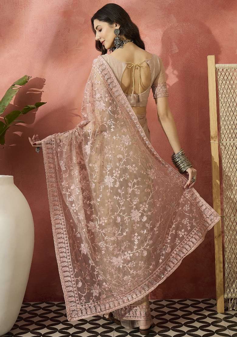Dusty Pink Embroidered Net Saree Set - Indya
