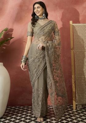 Beige Embroidered Net Saree Set