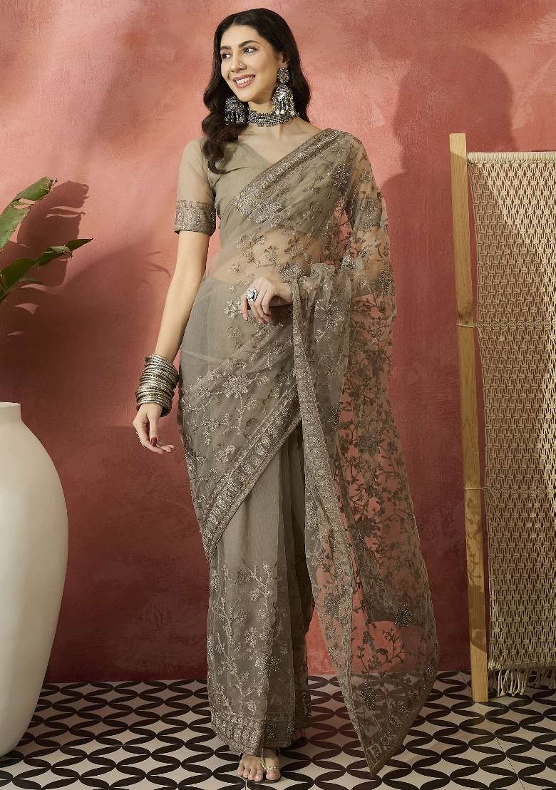 Beige Embroidered Net Saree Set - Indya