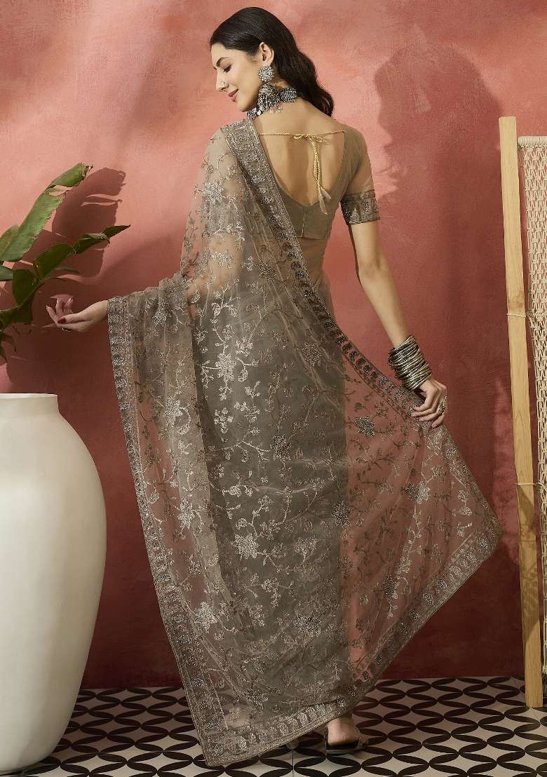 Beige Embroidered Net Saree Set - Indya