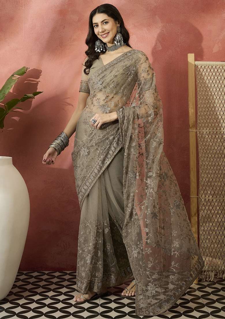 Beige Embroidered Net Saree Set - Indya
