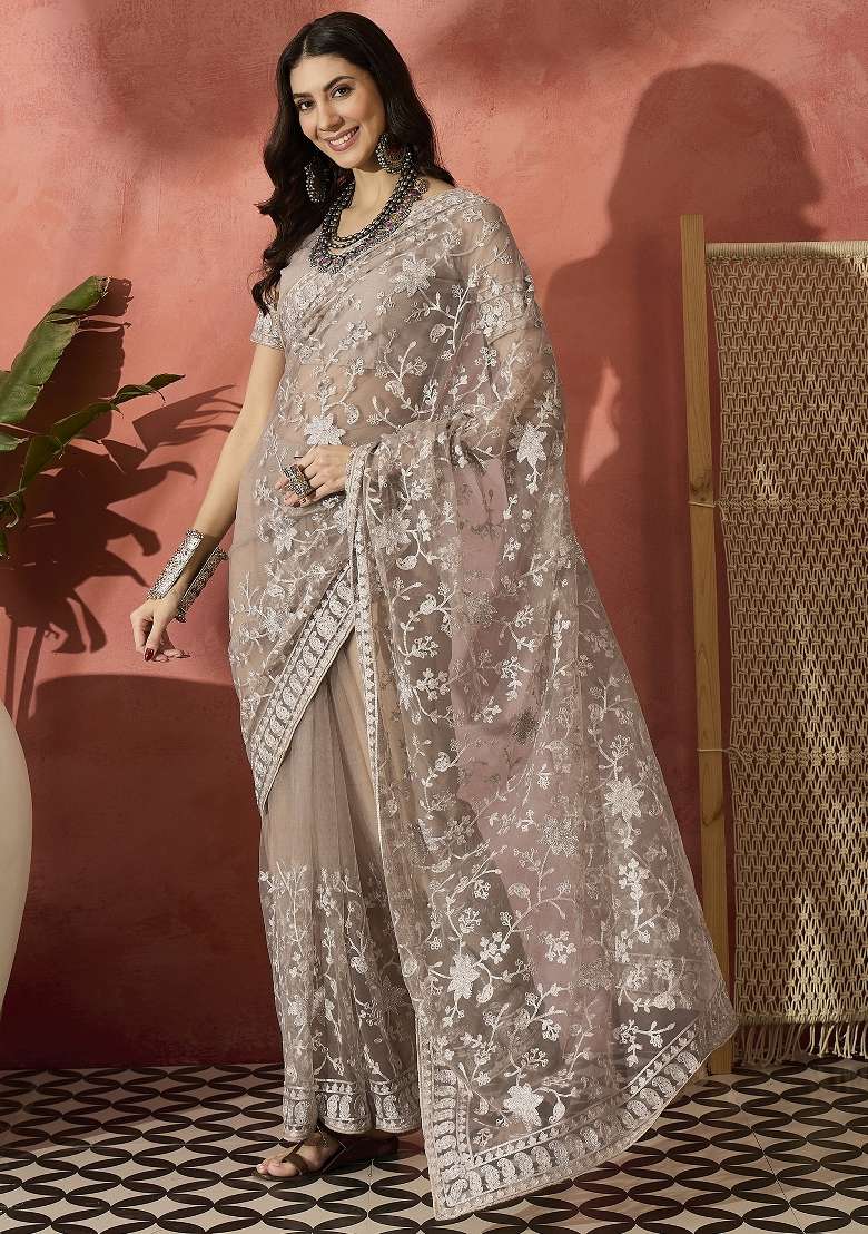 Mouse Grey Embroidered Net Saree Set - Indya