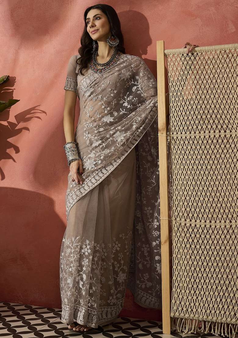 Mouse Grey Embroidered Net Saree Set - Indya