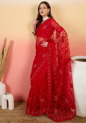 Red Embroidered Net Saree Set