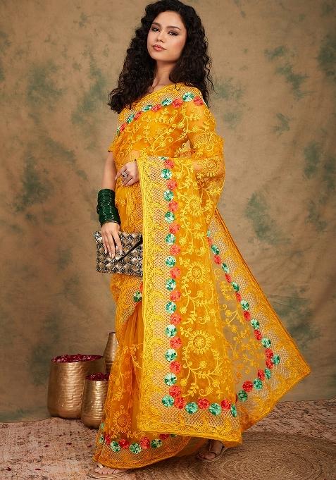 Yellow Embroidered Net Saree Set