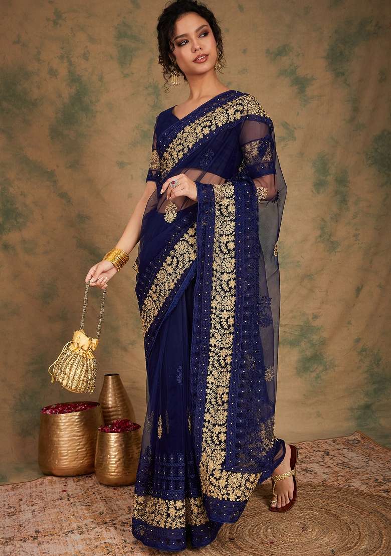 Navy Blue Embroidered Net Saree Set - Indya