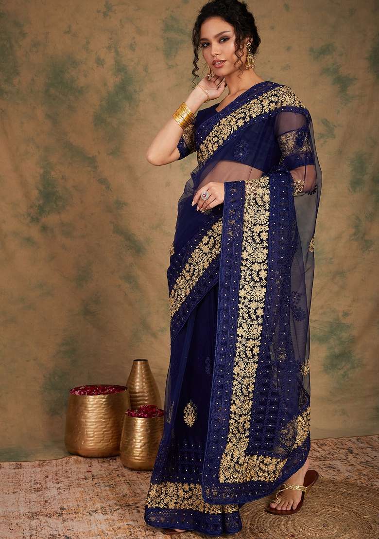 Navy Blue Embroidered Net Saree Set - Indya