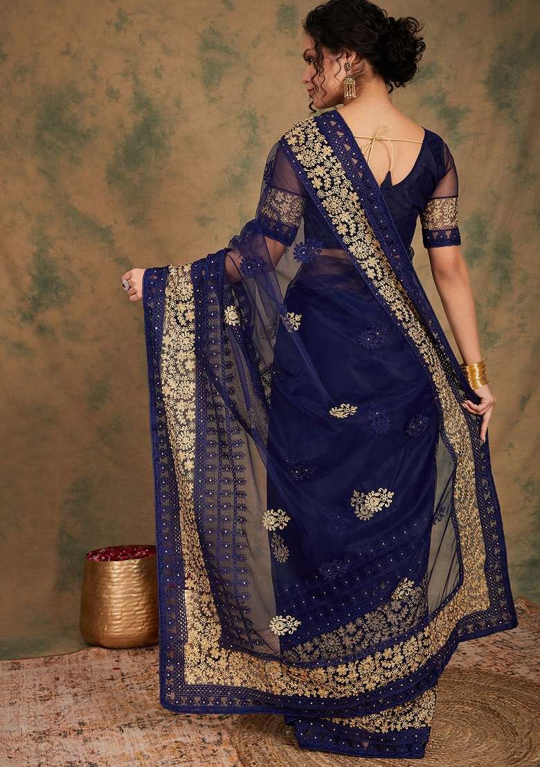 Navy Blue Embroidered Net Saree Set - Indya