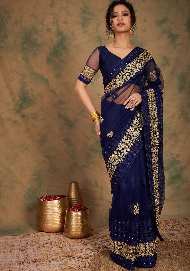 Navy Blue Embroidered Net Saree Set - Indya