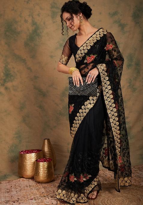 Black Embroidered Net Saree Set