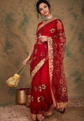 Maroon Embroidered Net Saree Set