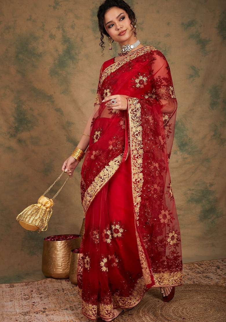 Maroon Embroidered Net Saree Set - Indya