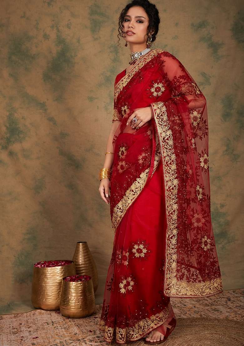 Maroon Embroidered Net Saree Set - Indya