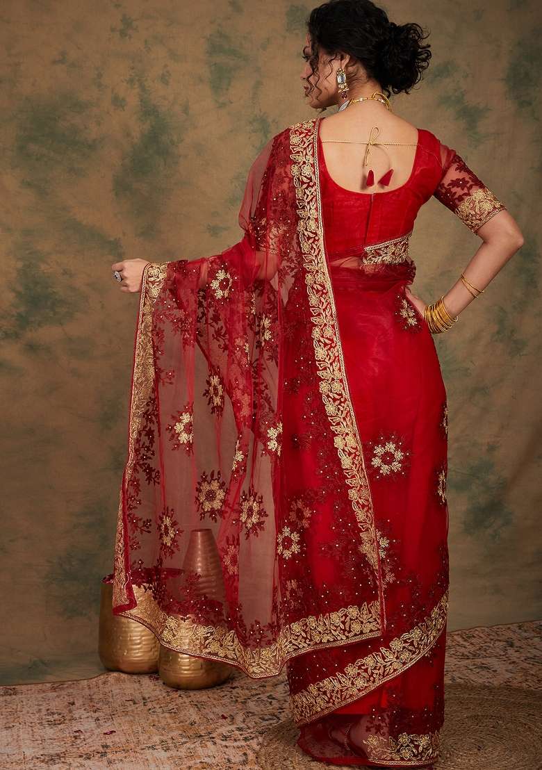 Maroon Embroidered Net Saree Set - Indya