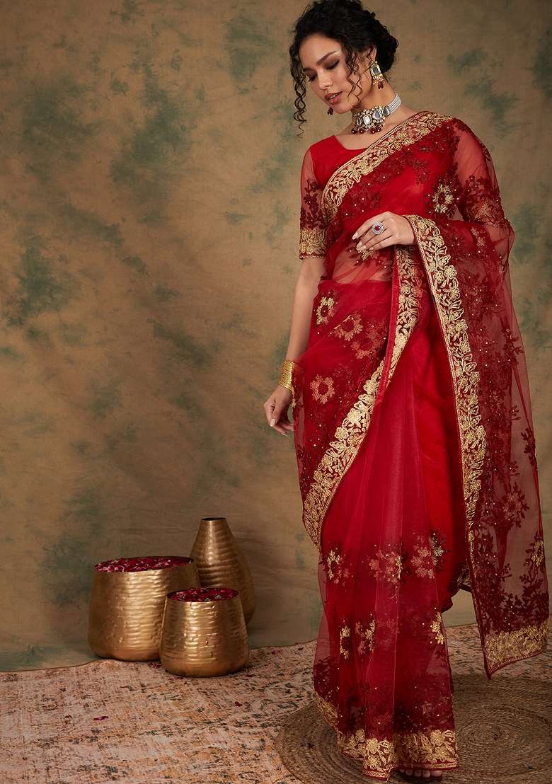 Maroon Embroidered Net Saree Set - Indya