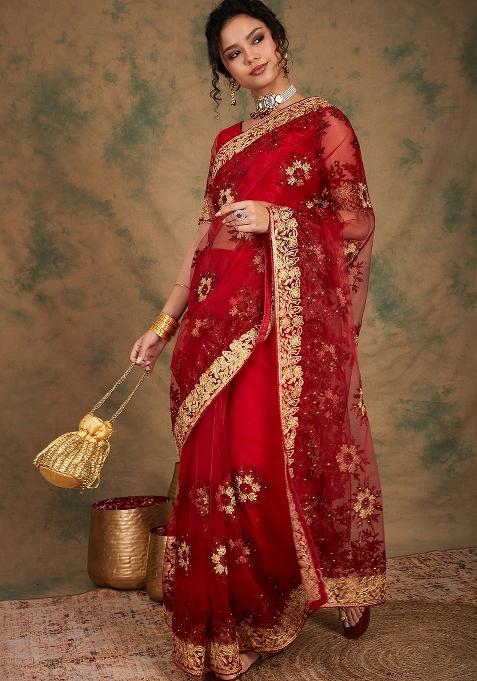 Maroon Embroidered Net Saree Set