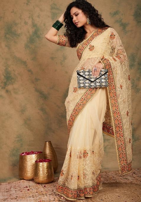 Chiku Embroidered Net Saree Set