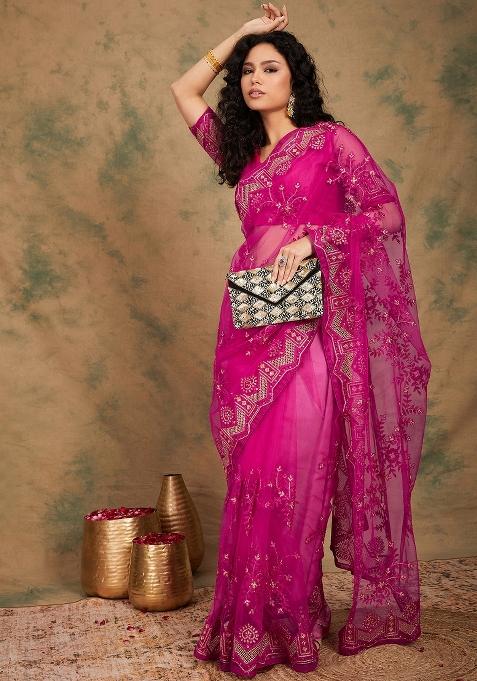 Pink Embroidered Net Saree Set