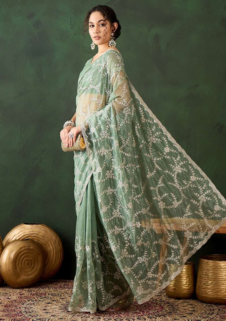 Sea Green Embroidered Shimmer Saree Set - Indya
