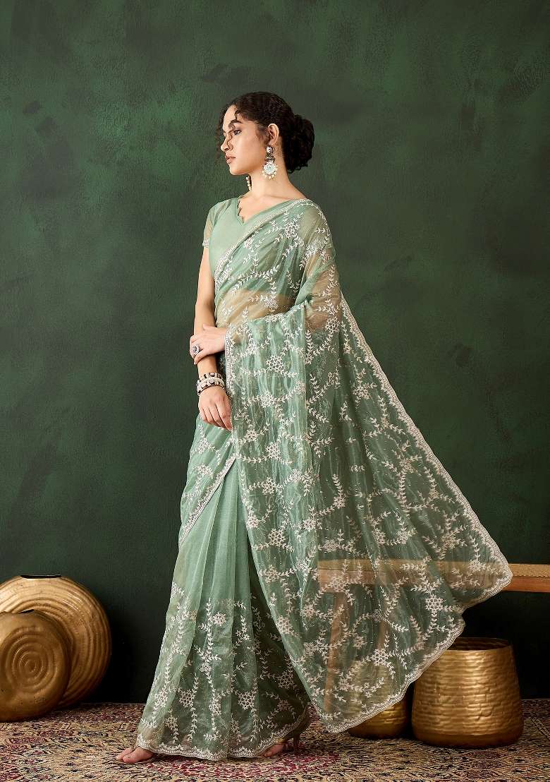 Sea Green Embroidered Shimmer Saree Set - Indya