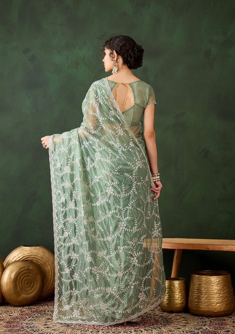 Sea Green Embroidered Shimmer Saree Set - Indya
