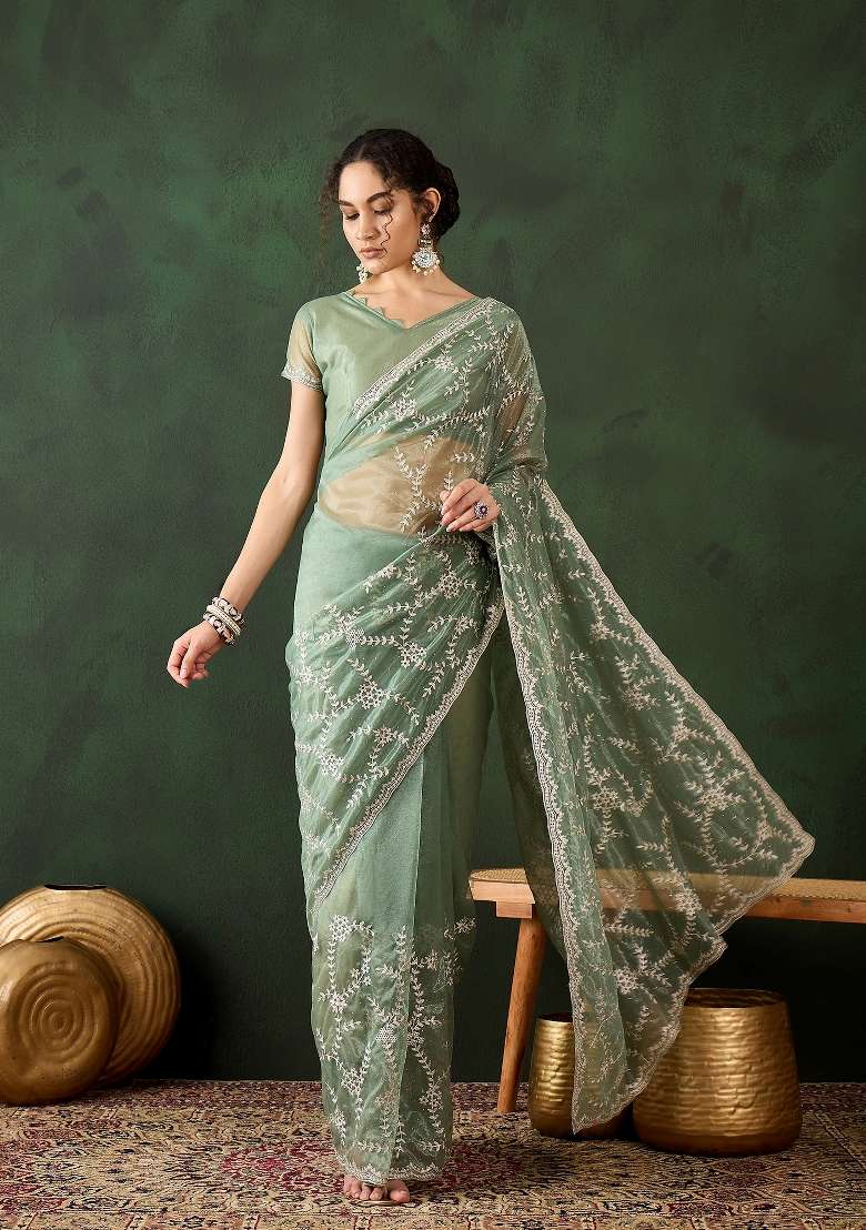 Sea Green Embroidered Shimmer Saree Set - Indya
