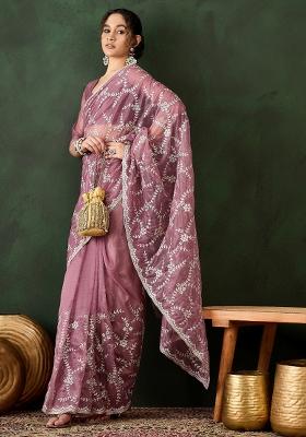 Pink Embroidered Shimmer Saree Set