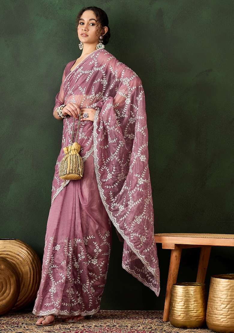 Pink Embroidered Shimmer Saree Set - Indya
