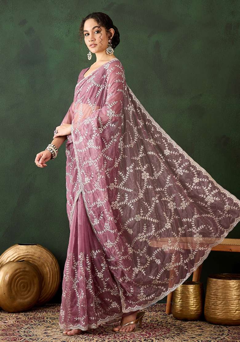 Pink Embroidered Shimmer Saree Set - Indya