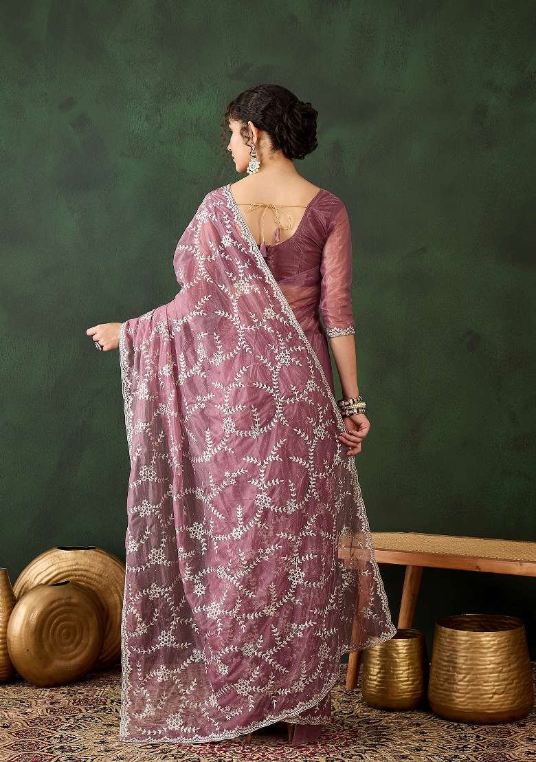 Pink Embroidered Shimmer Saree Set - Indya