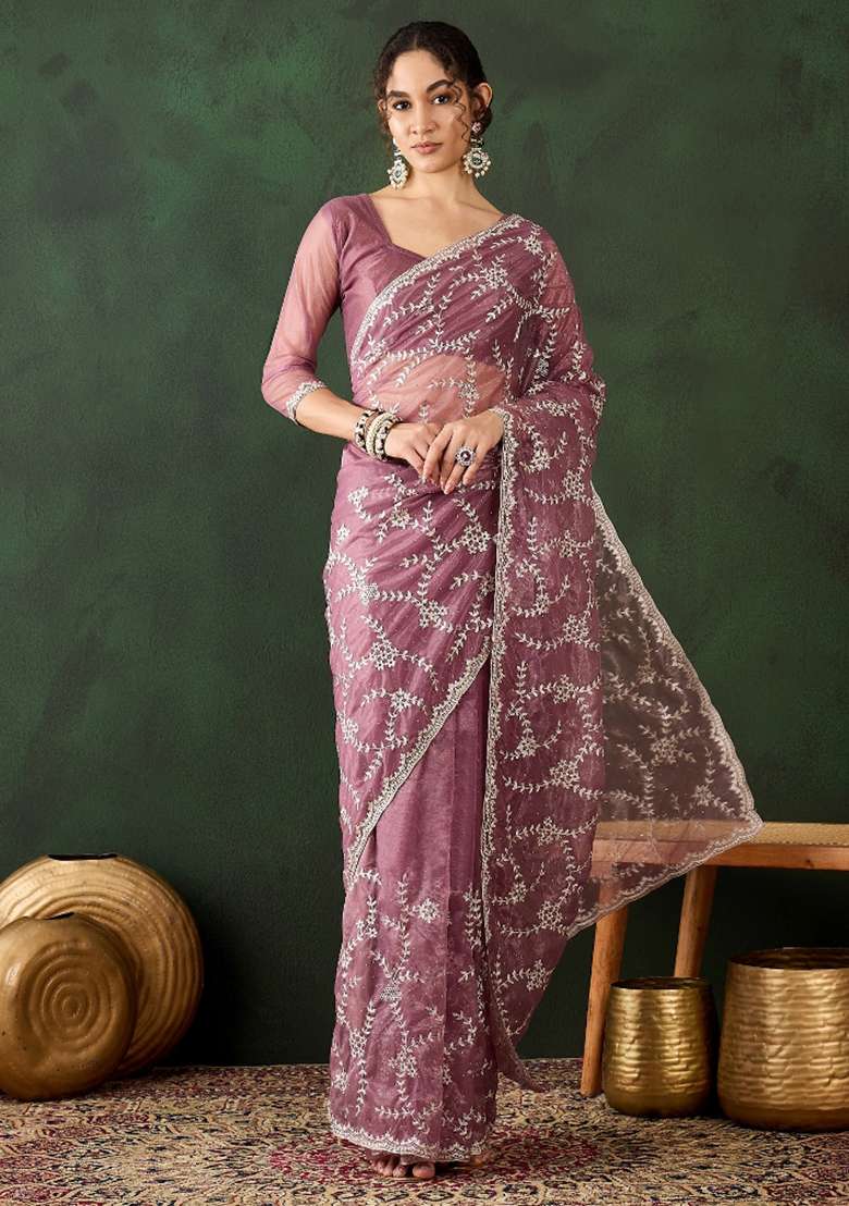 Pink Embroidered Shimmer Saree Set - Indya