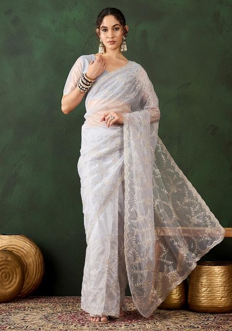 Silver Embroidered Shimmer Saree Set