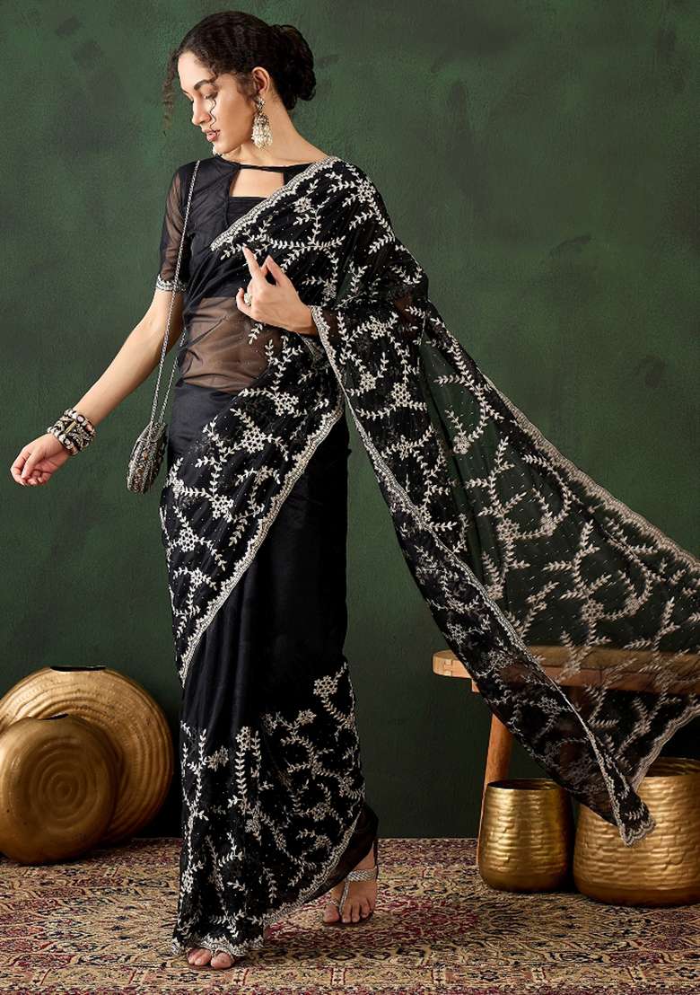 Black Embroidered Shimmer Saree Set - Indya